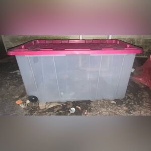 77 Gal tough storage tote with wheels in clear white Red Lid by HDX $64.98